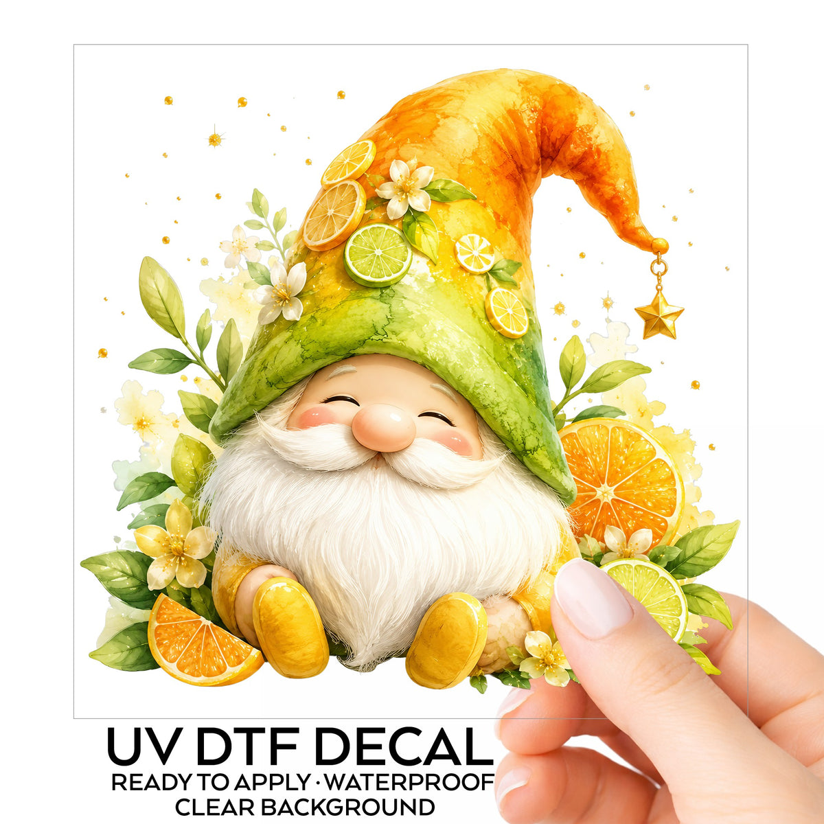 Citrus Gnome With Orange Slices UV DTF sticker on its backing card, held in hand