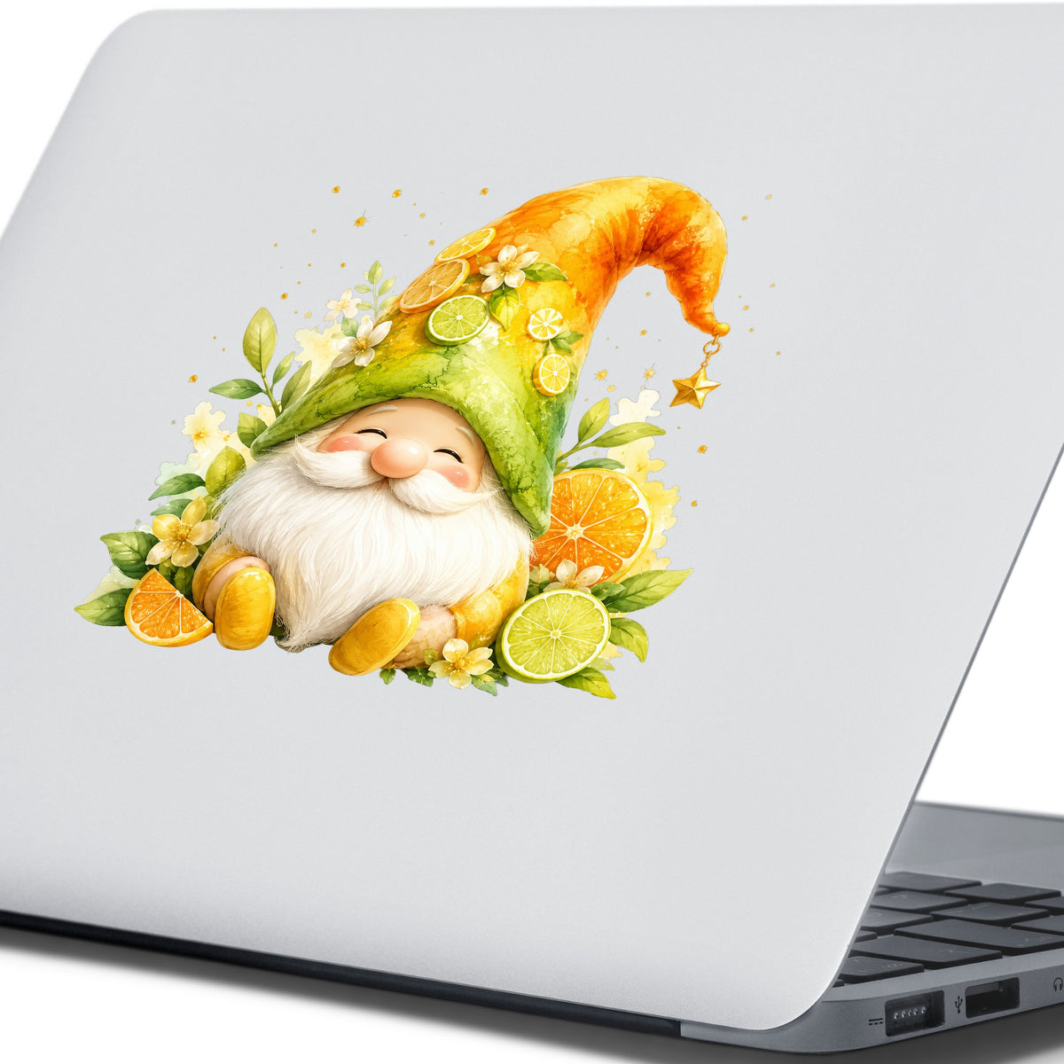 Citrus Gnome With Orange Slices UV DTF sticker applied to the lid of a silver laptop