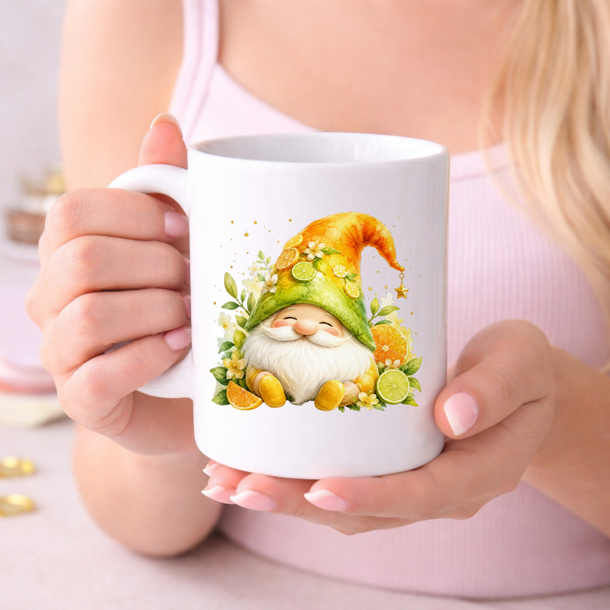 Citrus Gnome With Orange Slices UV DTF sticker applied to a white coffee mug held in both hands