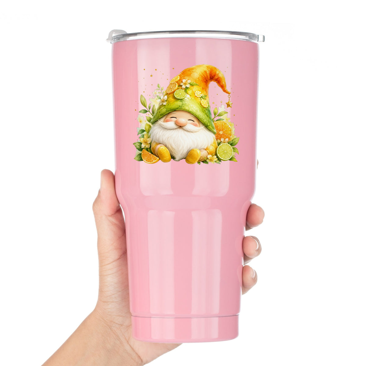 Citrus Gnome With Orange Slices UV DTF sticker applied to a pink tumbler held against a white background