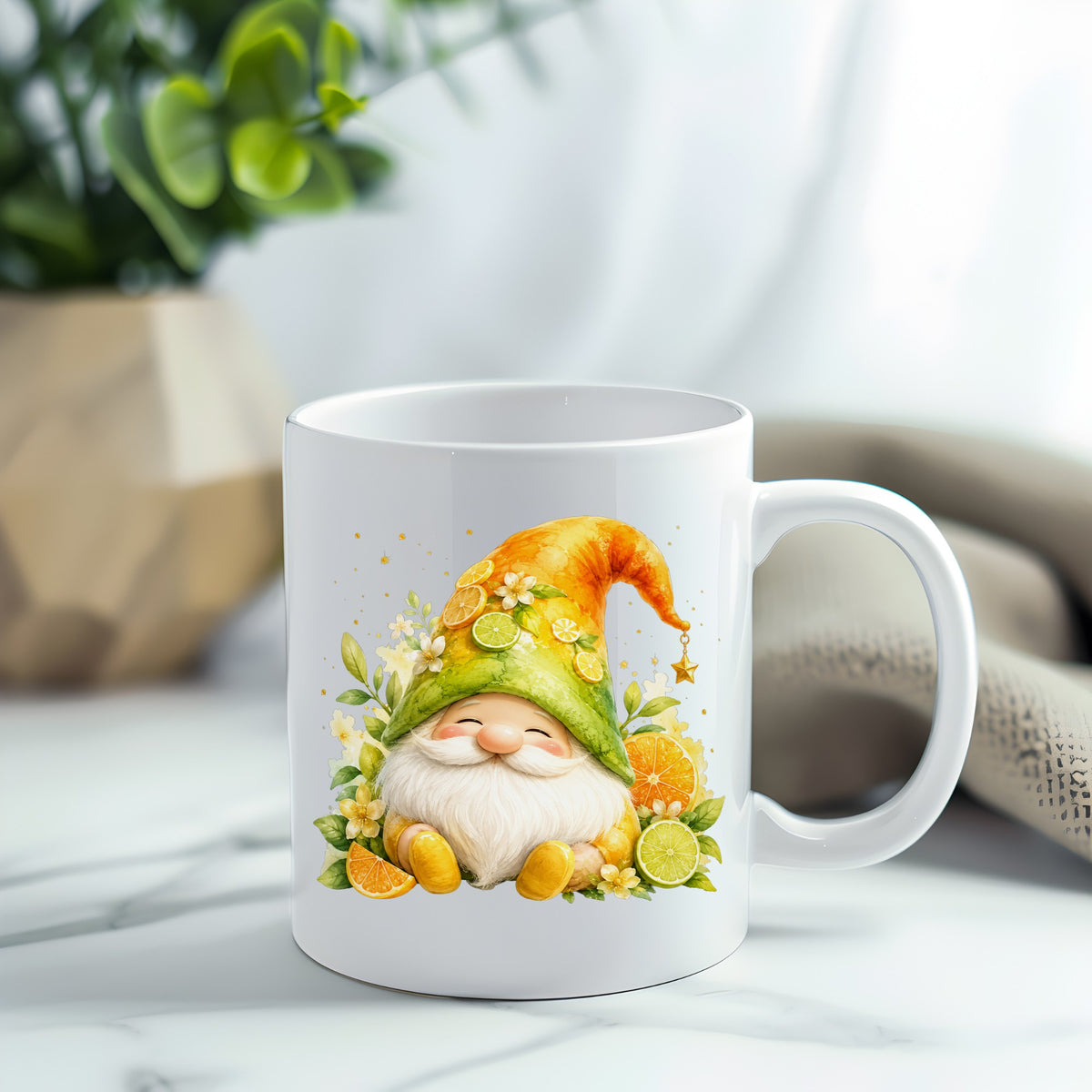 Citrus Gnome With Orange Slices UV DTF sticker applied to a white coffee mug