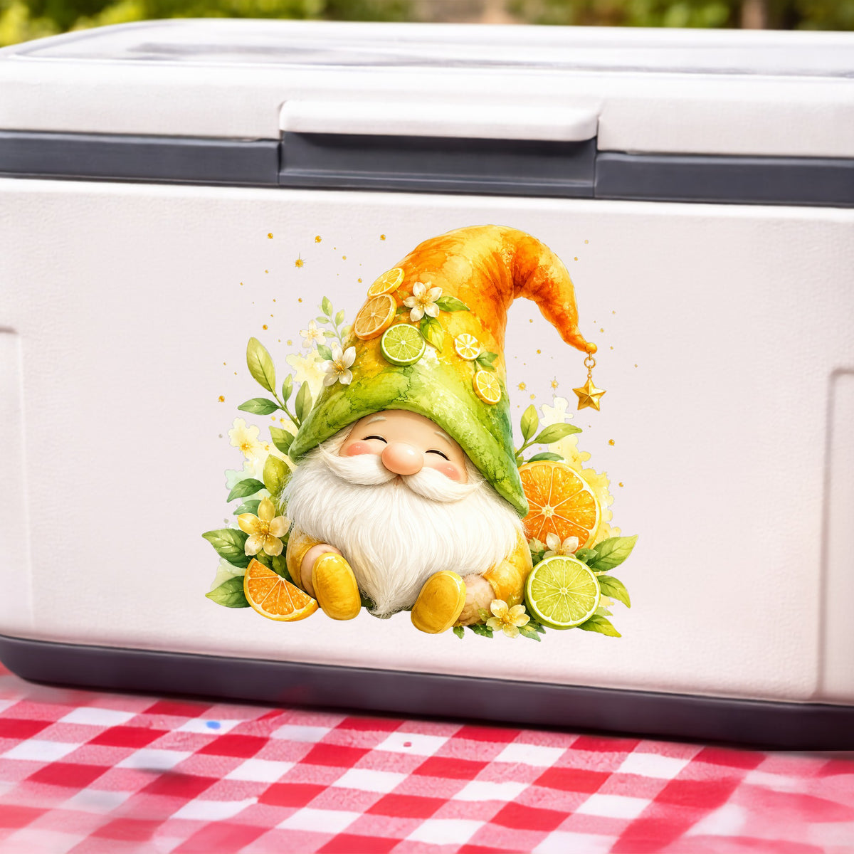Citrus Gnome With Orange Slices UV DTF sticker applied to a white cooler on a red gingham cloth