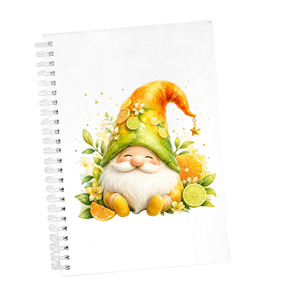 Citrus Gnome With Orange Slices UV DTF sticker applied to the cover of a white spiral journal