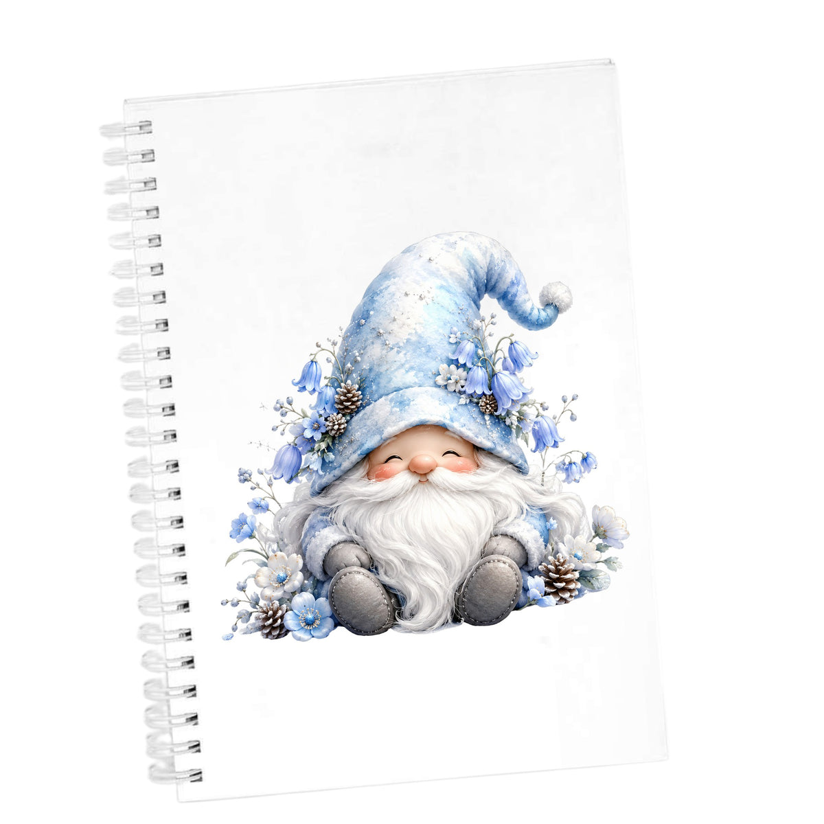 Winter Gnome With Pinecones UV DTF sticker applied to the cover of a white spiral journal