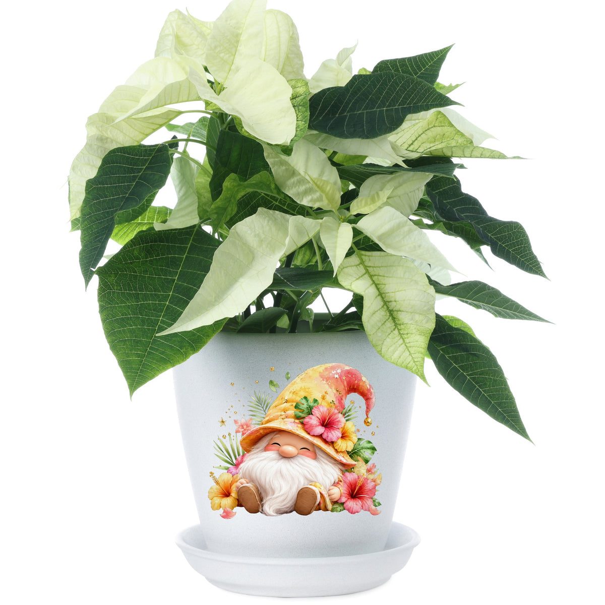 Tropical Hibiscus Gnome UV DTF sticker applied to a white flower pot