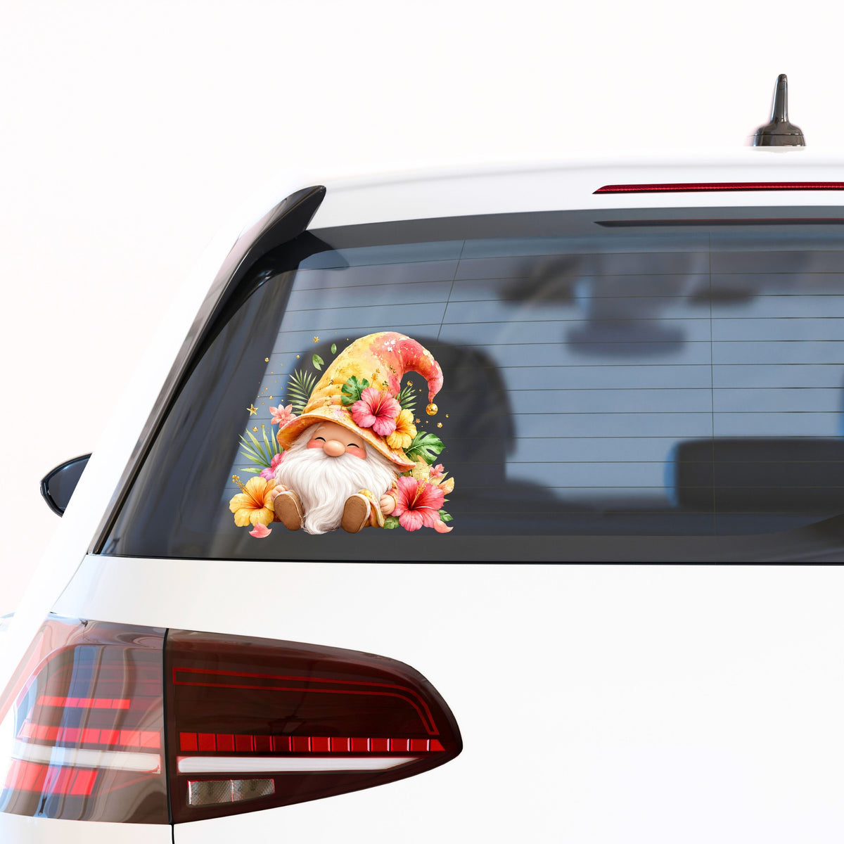 Tropical Hibiscus Gnome UV DTF sticker applied to the rear window of a white car