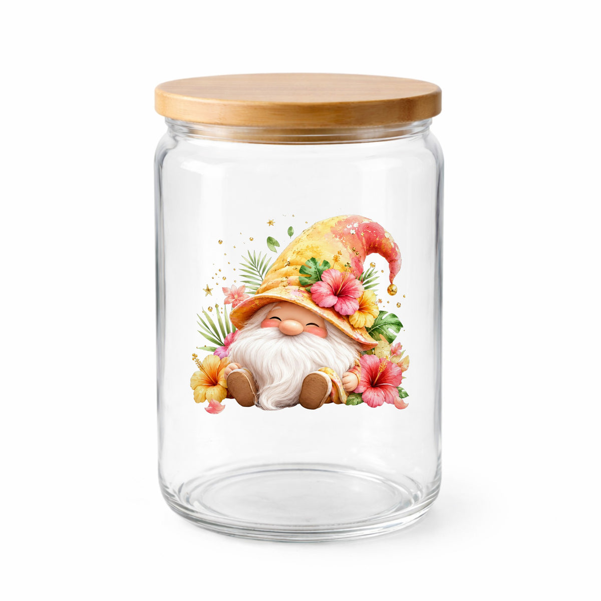 Tropical Hibiscus Gnome UV DTF sticker applied to a clear glass jar with a wooden lid