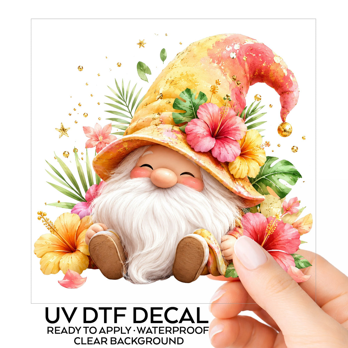 Tropical Hibiscus Gnome UV DTF sticker on its backing card, held in hand