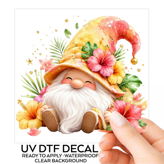 Tropical Hibiscus Gnome UV DTF sticker on its backing card, held in hand