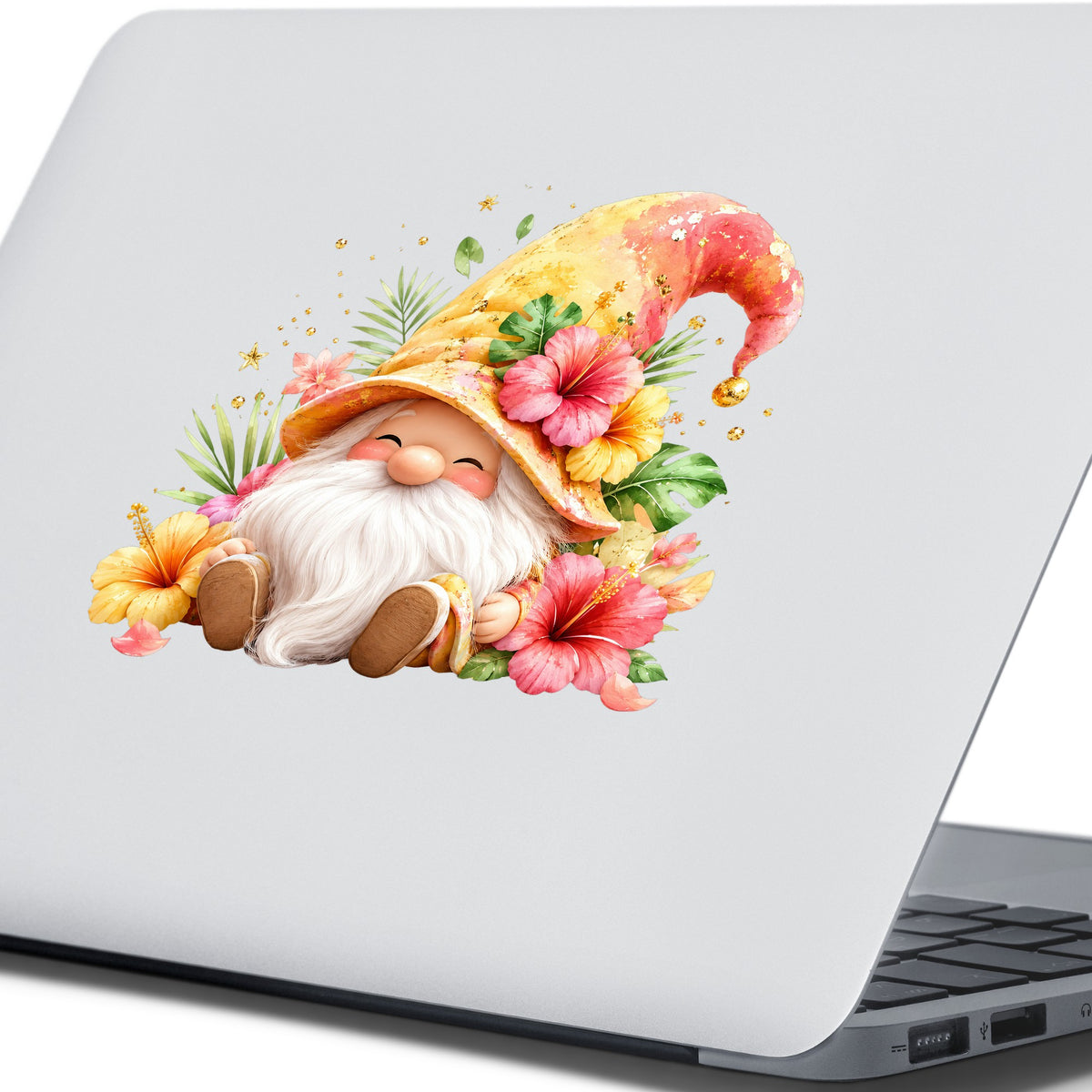 Tropical Hibiscus Gnome UV DTF sticker applied to the lid of a silver laptop