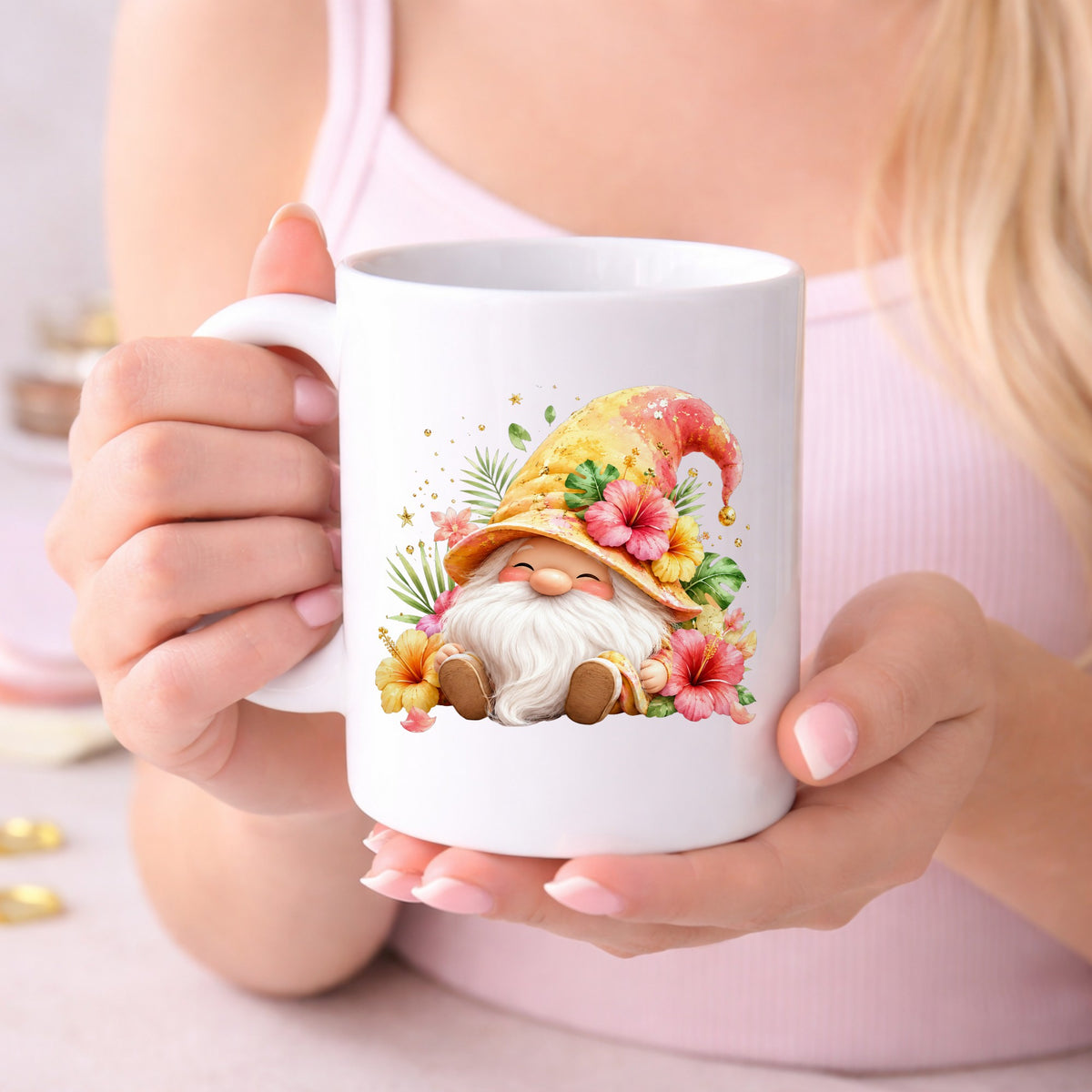 Tropical Hibiscus Gnome UV DTF sticker applied to a white coffee mug held in both hands