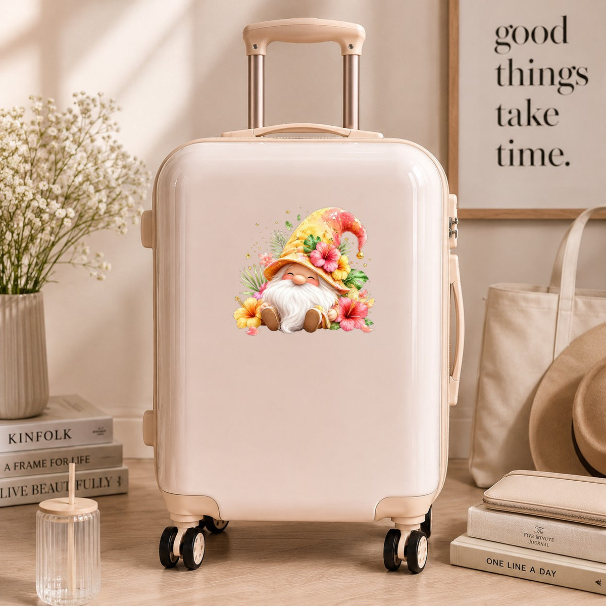 Tropical Hibiscus Gnome UV DTF sticker applied to a cream carry-on suitcase