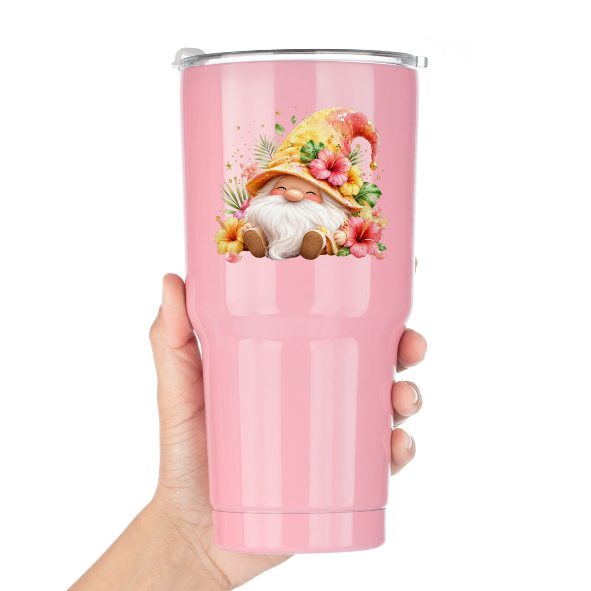 Tropical Hibiscus Gnome UV DTF sticker applied to a pink tumbler held against a white background