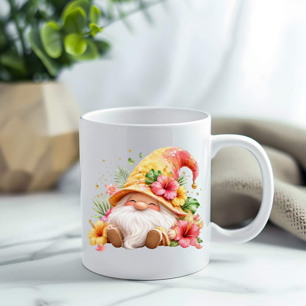 Tropical Hibiscus Gnome UV DTF sticker applied to a white coffee mug