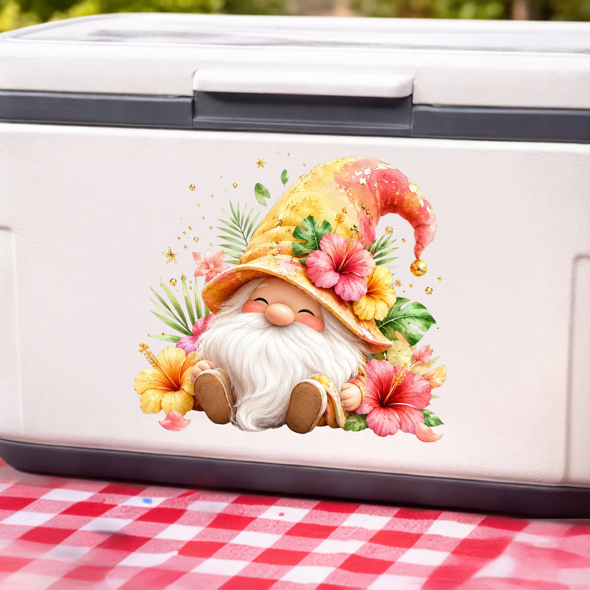 Tropical Hibiscus Gnome UV DTF sticker applied to a white cooler on a red gingham cloth