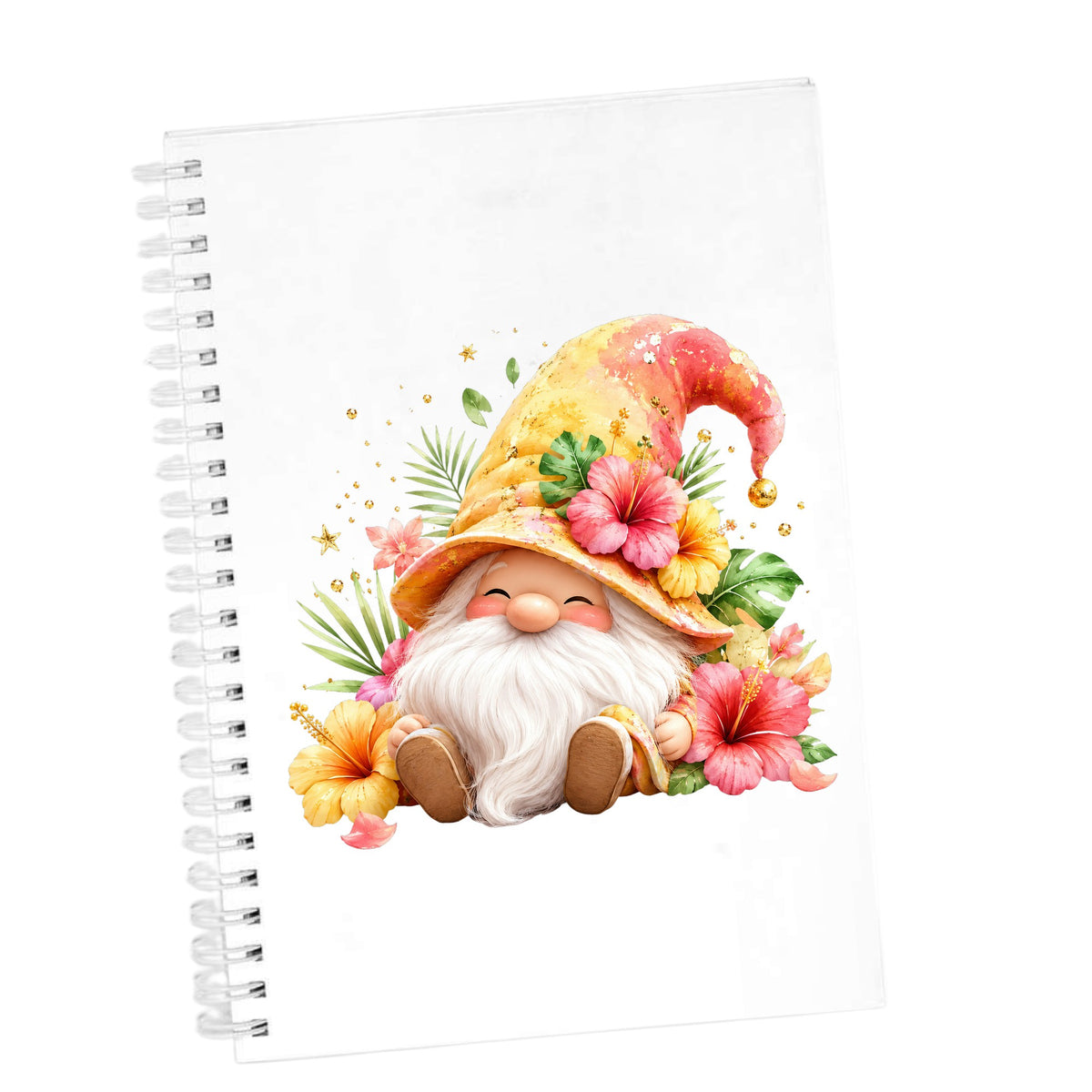 Tropical Hibiscus Gnome UV DTF sticker applied to the cover of a white spiral journal