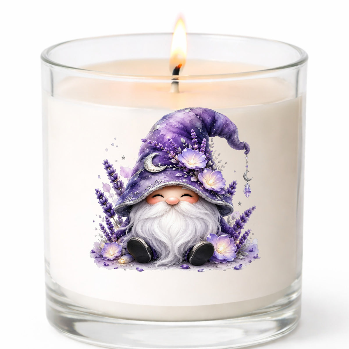 Lavender Gnome With Moon Charm UV DTF sticker applied to a white candle in a clear glass jar