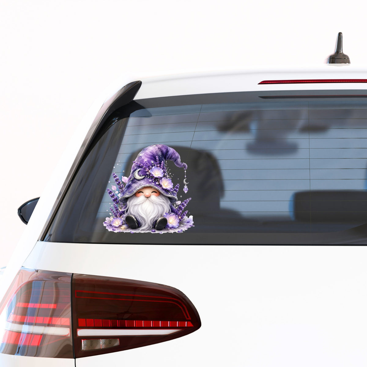 Lavender Gnome With Moon Charm UV DTF sticker applied to the rear window of a white car