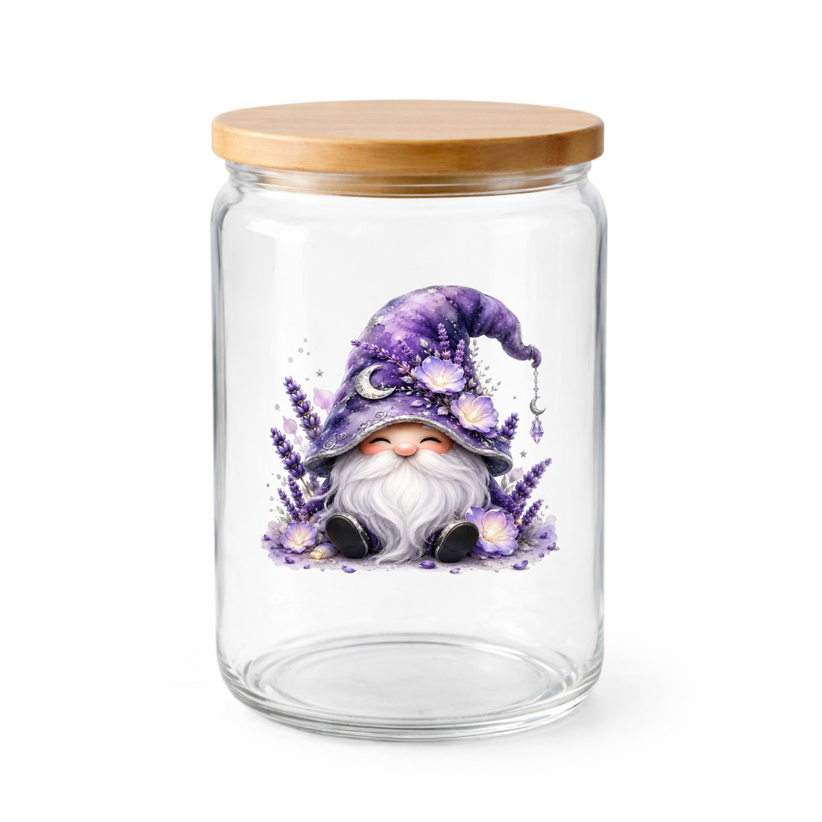 Lavender Gnome With Moon Charm UV DTF sticker applied to a clear glass jar with a wooden lid