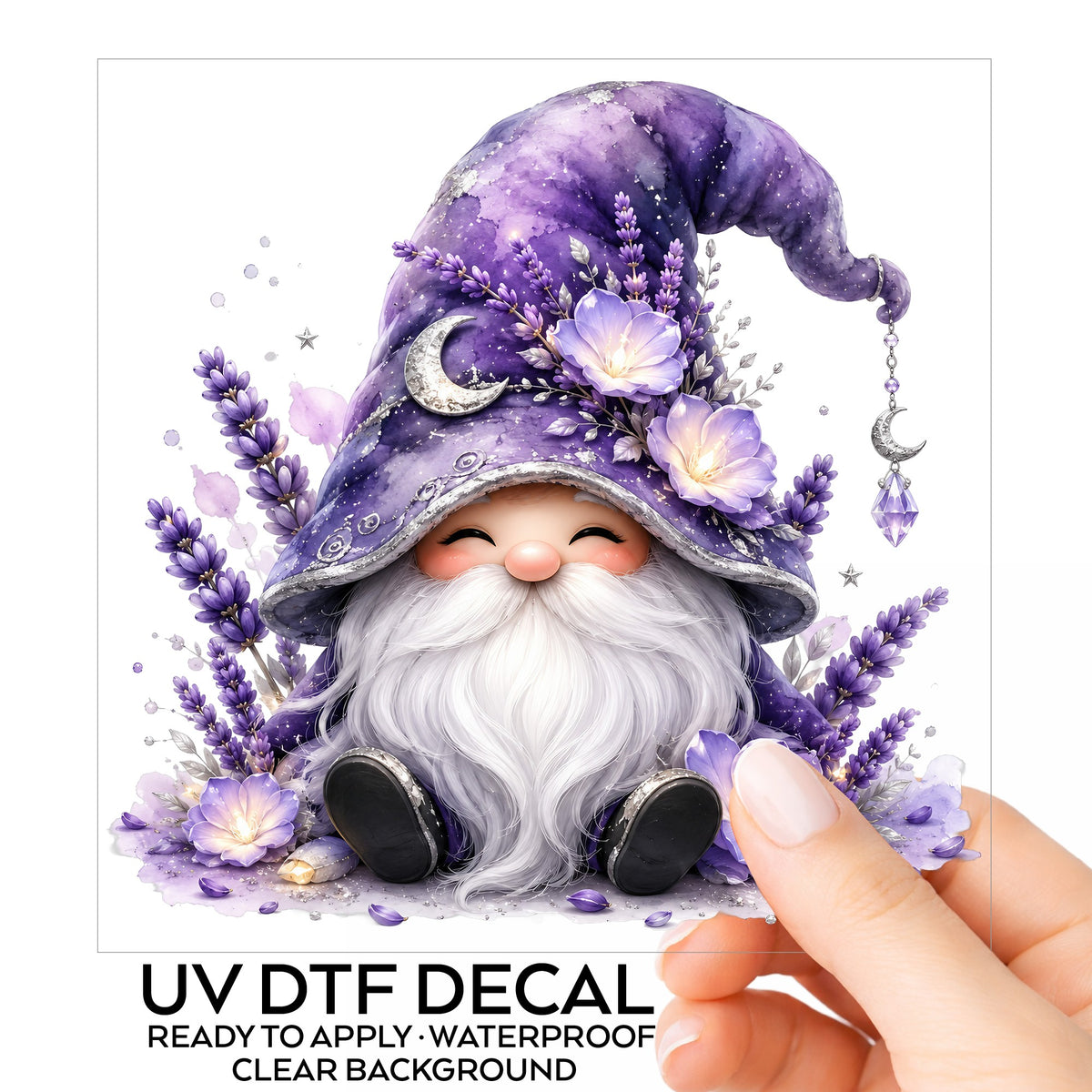 Lavender Gnome With Moon Charm UV DTF sticker on its backing card, held in hand