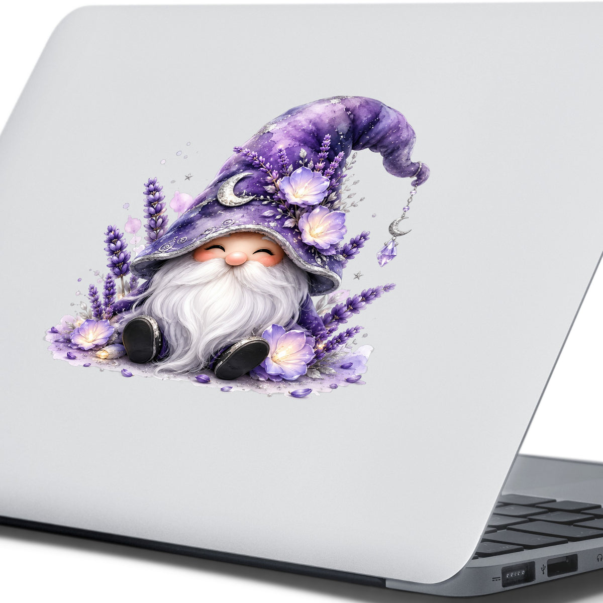 Lavender Gnome With Moon Charm UV DTF sticker applied to the lid of a silver laptop