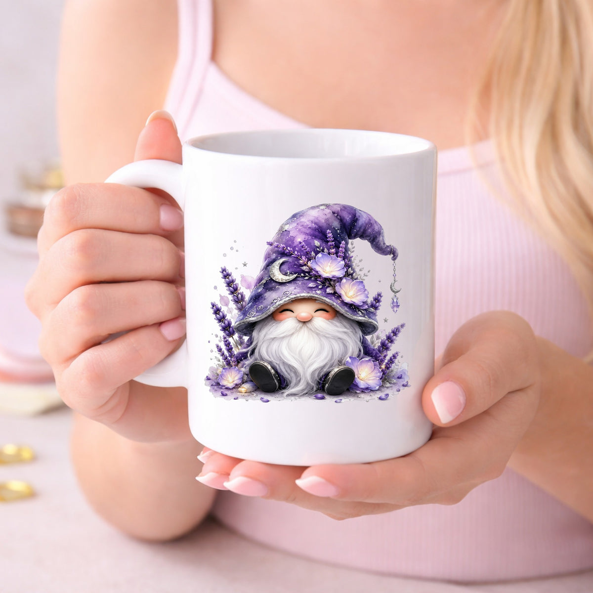 Lavender Gnome With Moon Charm UV DTF sticker applied to a white coffee mug held in both hands