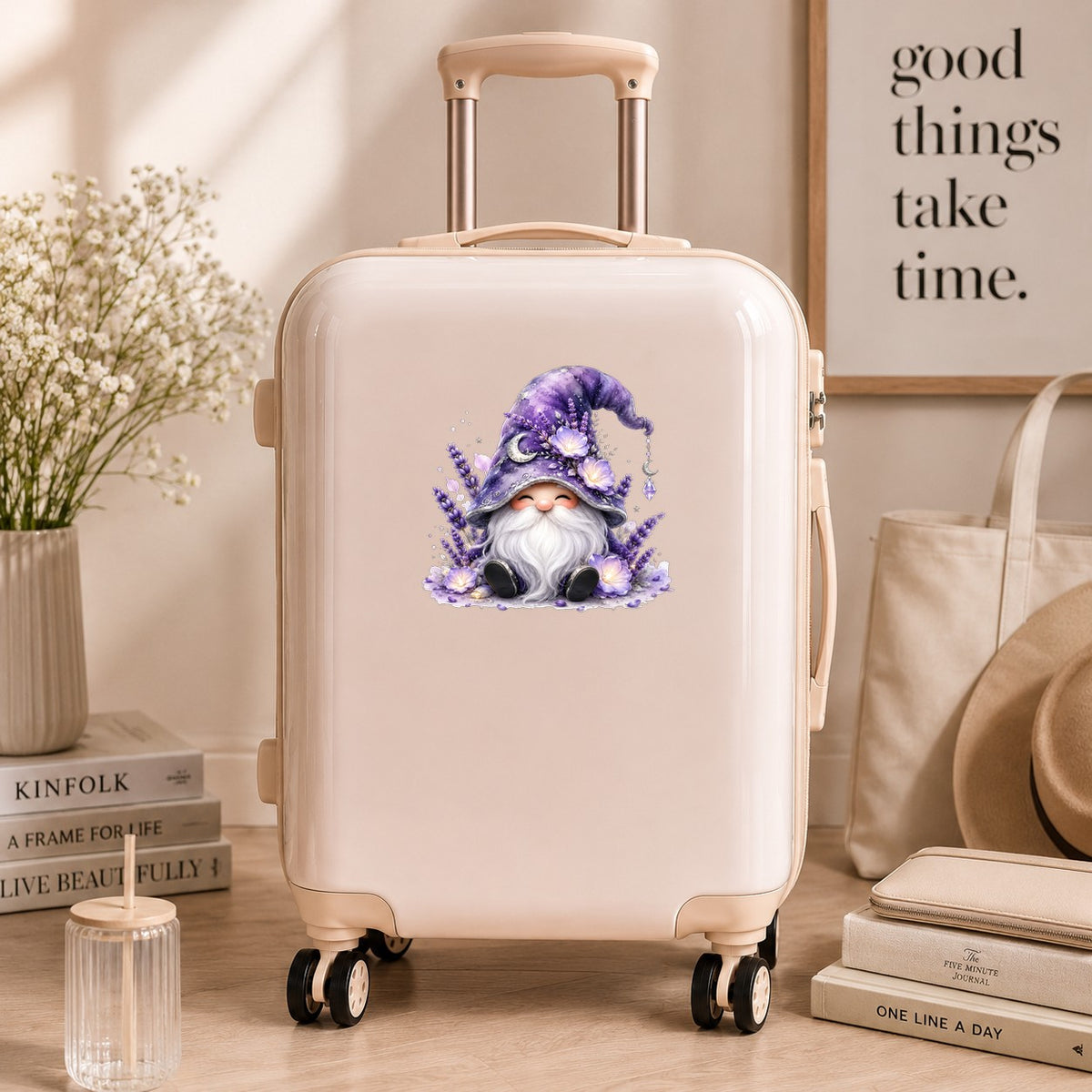 Lavender Gnome With Moon Charm UV DTF sticker applied to a cream carry-on suitcase