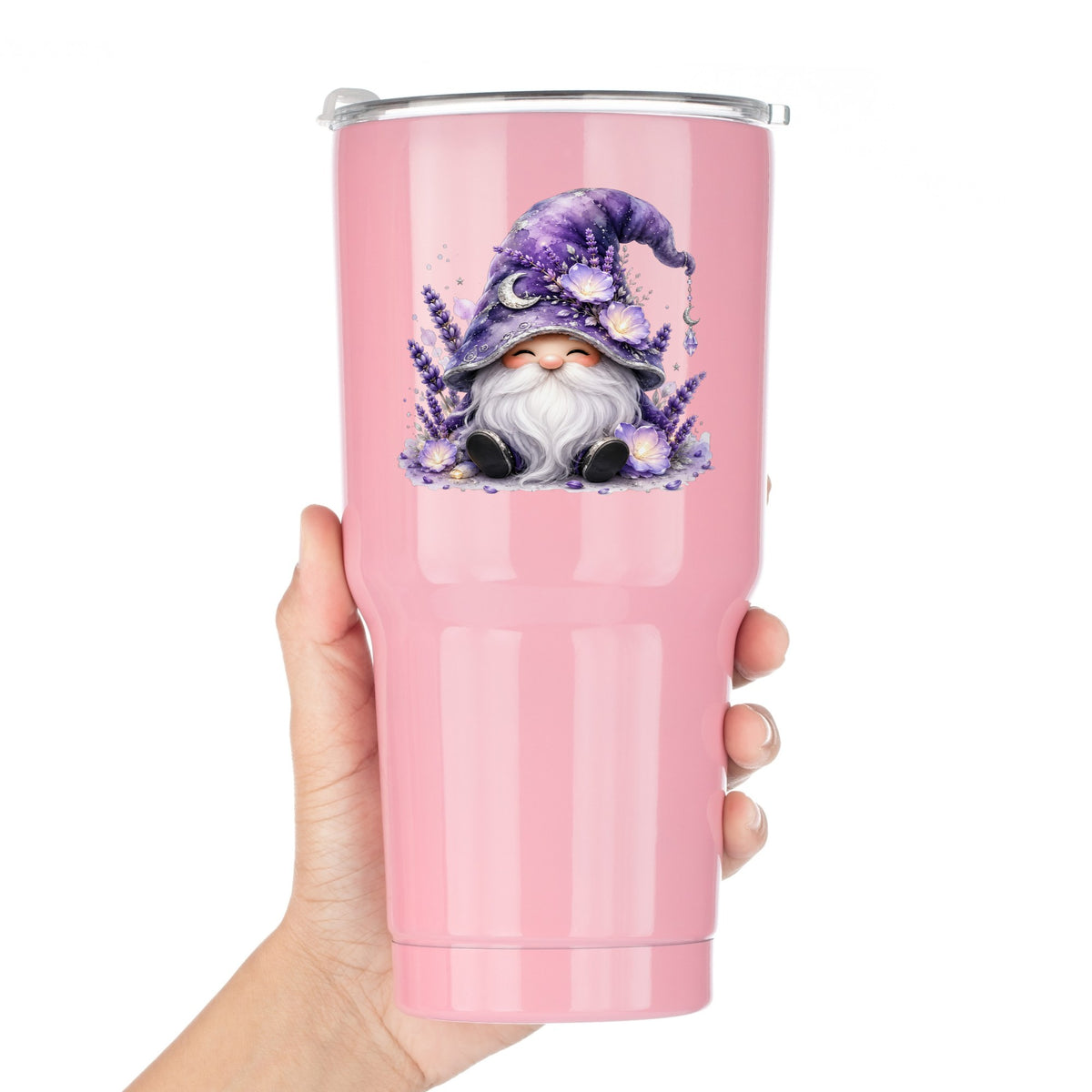 Lavender Gnome With Moon Charm UV DTF sticker applied to a pink tumbler held against a white background