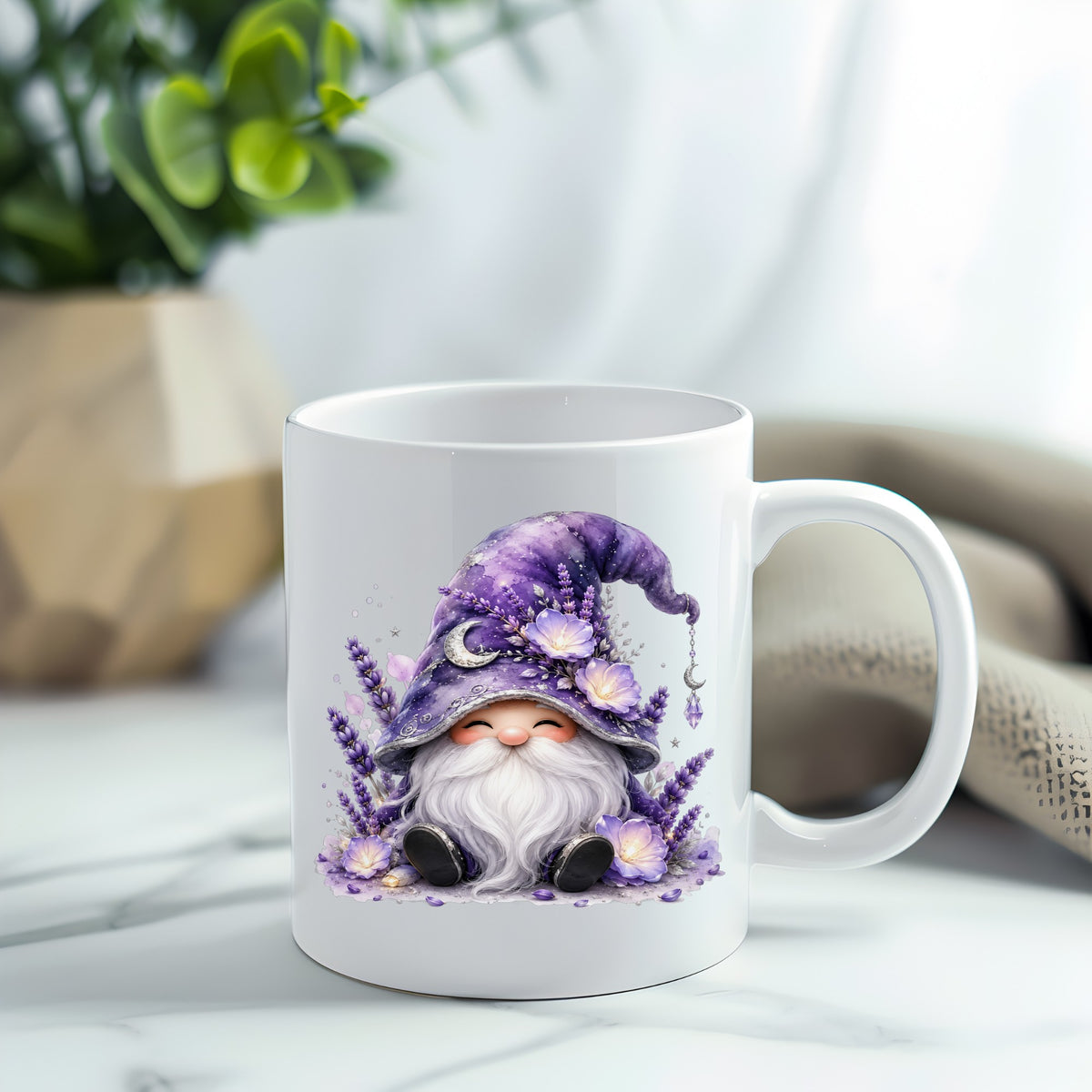 Lavender Gnome With Moon Charm UV DTF sticker applied to a white coffee mug