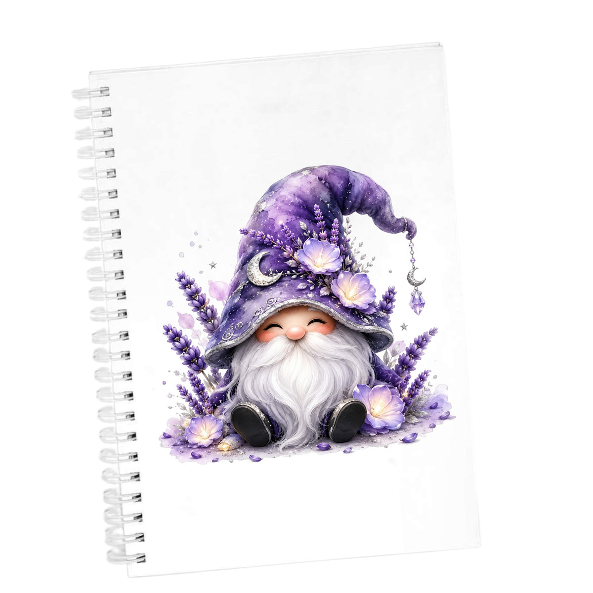 Lavender Gnome With Moon Charm UV DTF sticker applied to the cover of a white spiral journal