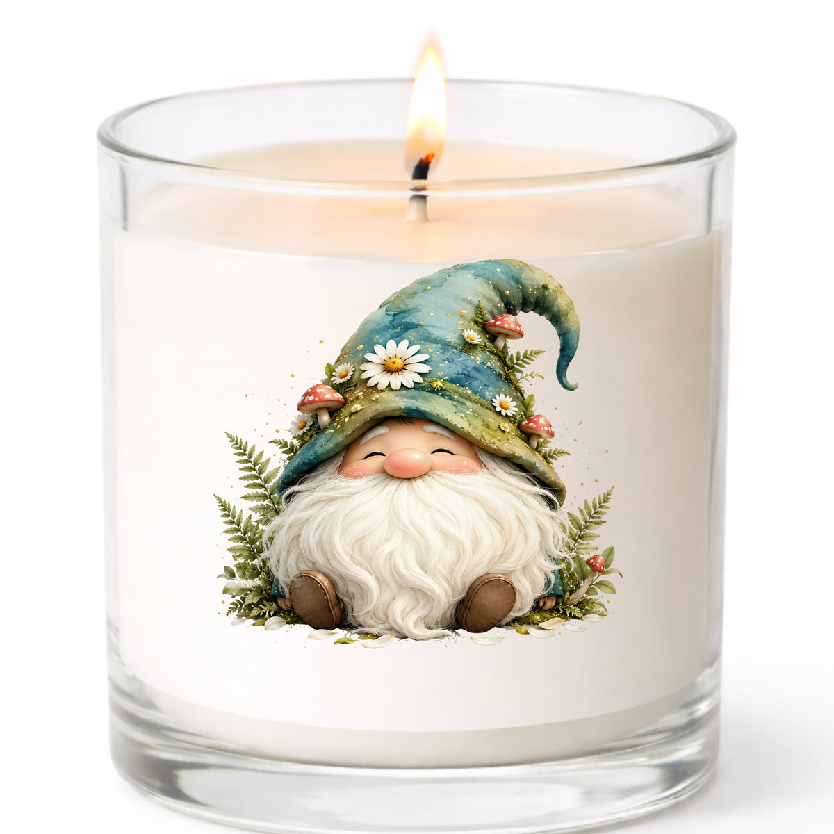 Toadstool Mushroom Gnome UV DTF sticker applied to a white candle in a clear glass jar