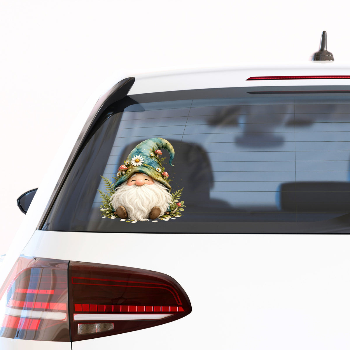 Toadstool Mushroom Gnome UV DTF sticker applied to the rear window of a white car