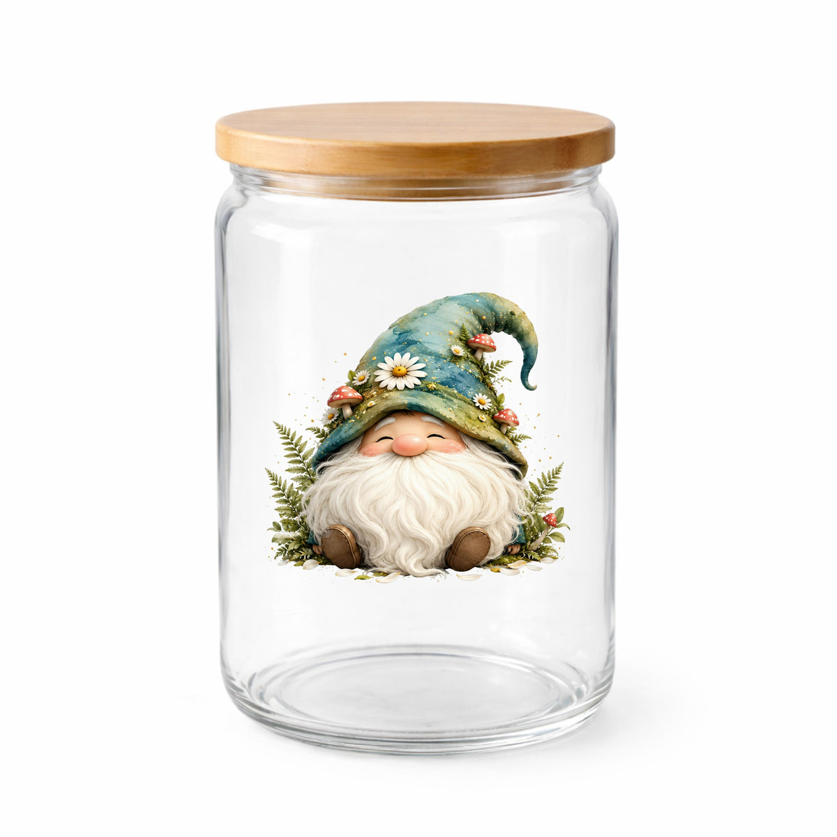 Toadstool Mushroom Gnome UV DTF sticker applied to a clear glass jar with a wooden lid