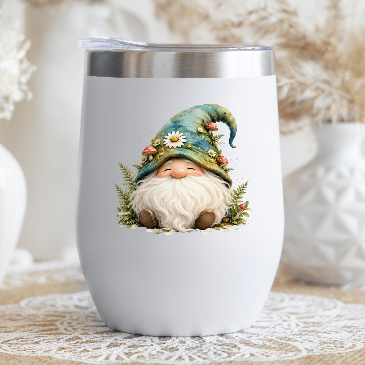 Toadstool Mushroom Gnome UV DTF sticker applied to a white stemless tumbler with a lid