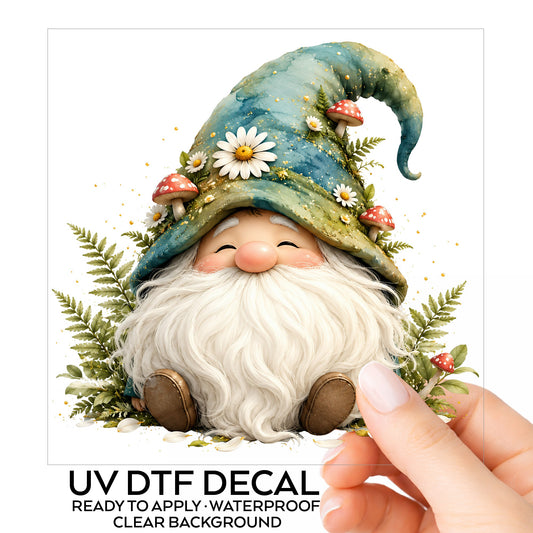 Toadstool Mushroom Gnome UV DTF sticker on its backing card, held in hand
