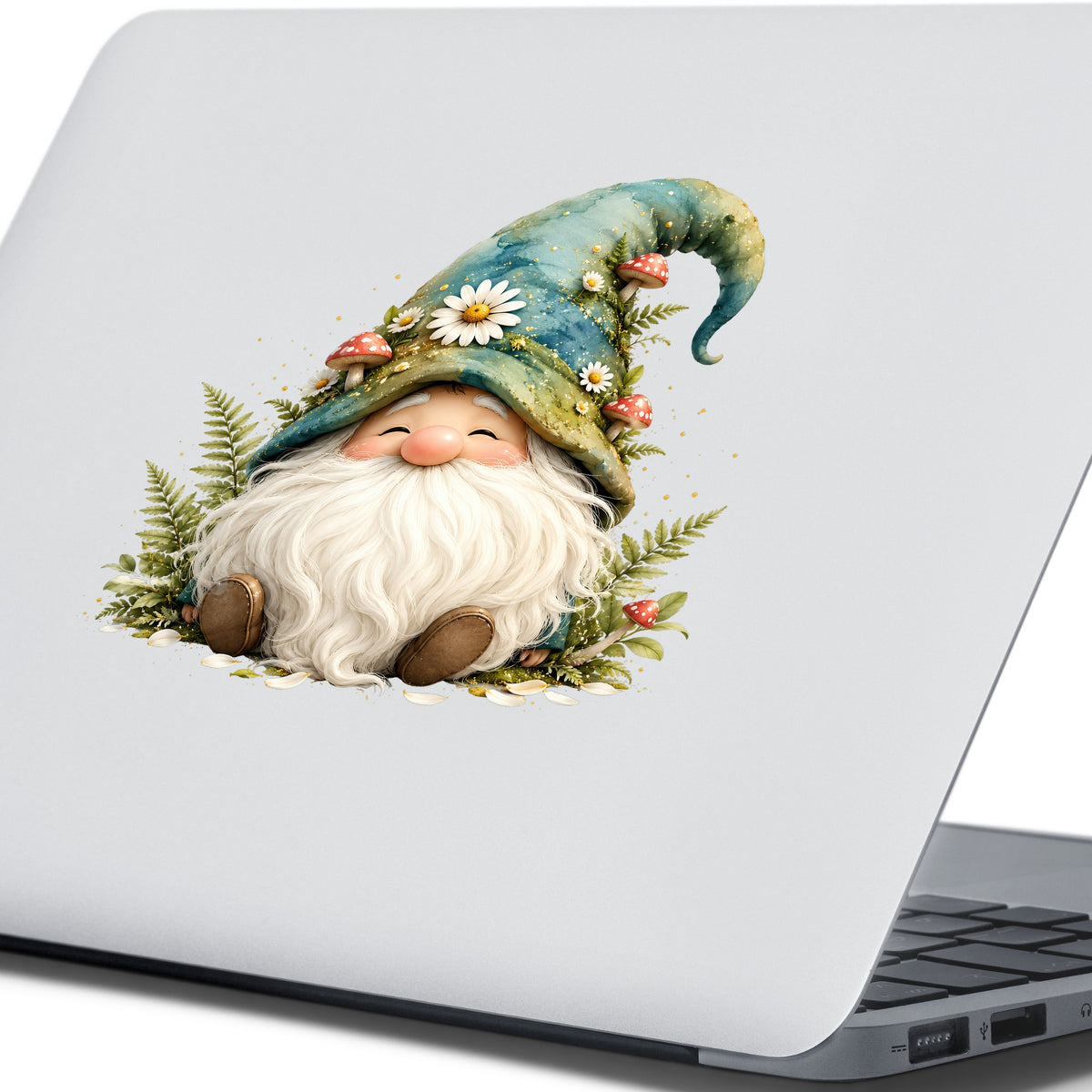 Toadstool Mushroom Gnome UV DTF sticker applied to the lid of a silver laptop