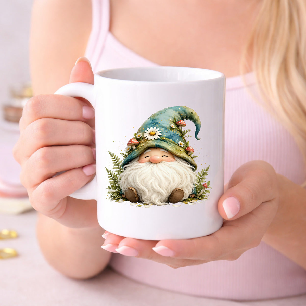 Toadstool Mushroom Gnome UV DTF sticker applied to a white coffee mug held in both hands