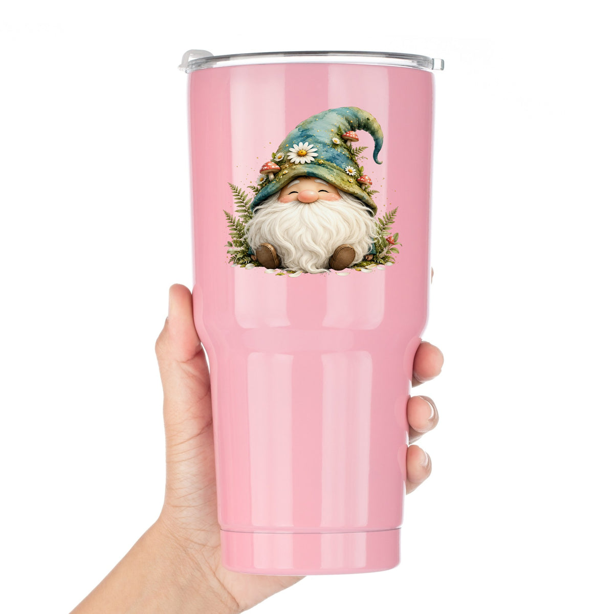 Toadstool Mushroom Gnome UV DTF sticker applied to a pink tumbler held against a white background