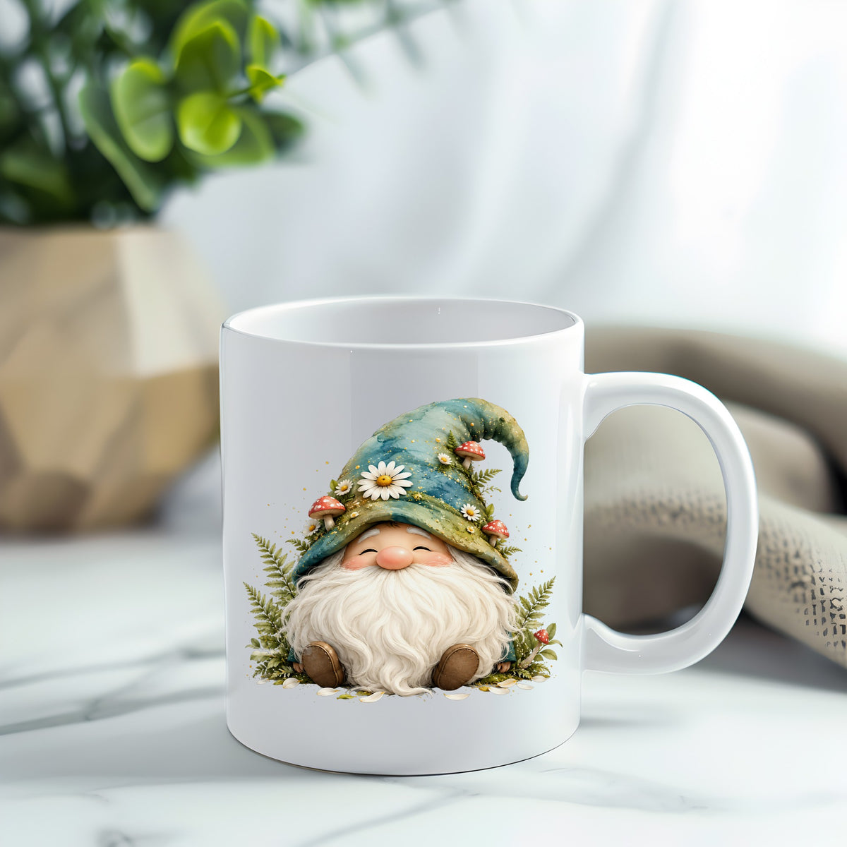 Toadstool Mushroom Gnome UV DTF sticker applied to a white coffee mug