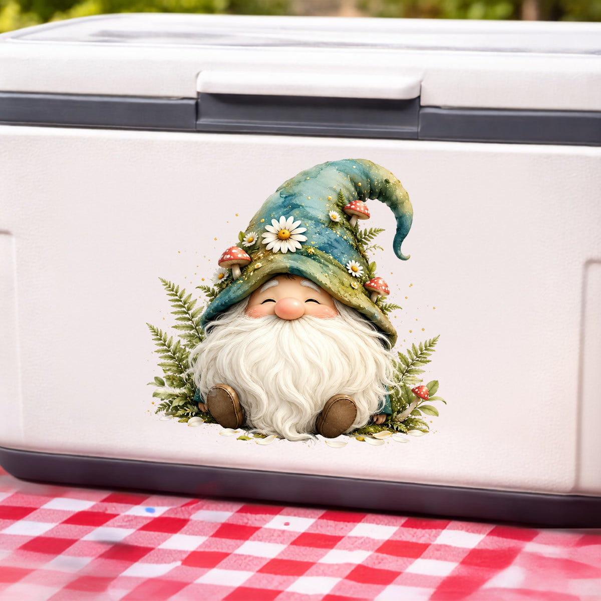 Toadstool Mushroom Gnome UV DTF sticker applied to a white cooler on a red gingham cloth