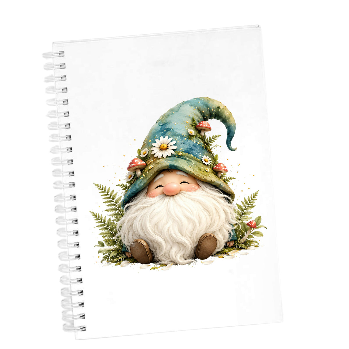 Toadstool Mushroom Gnome UV DTF sticker applied to the cover of a white spiral journal