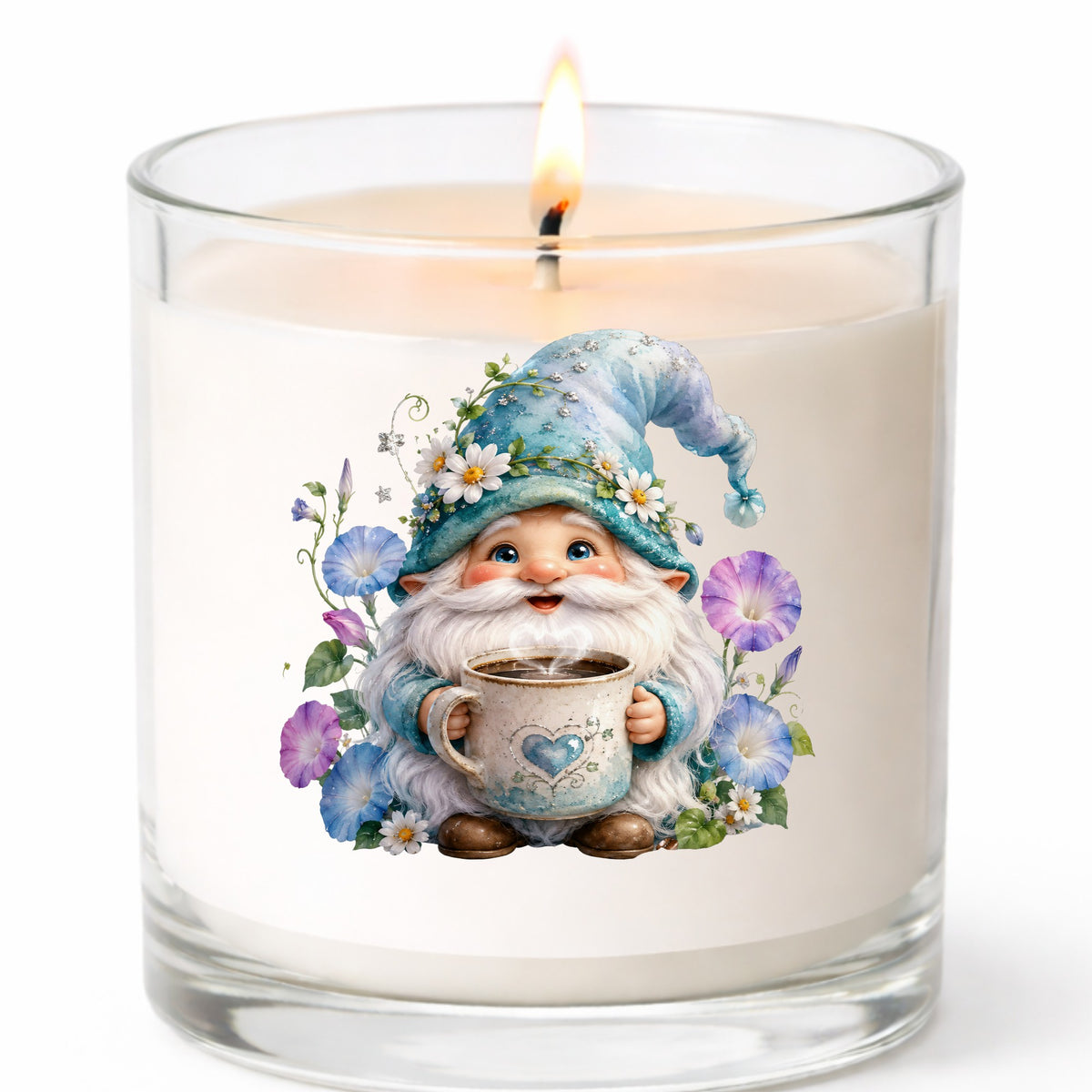 Gnome Holding Coffee Mug UV DTF sticker applied to a white candle in a clear glass jar