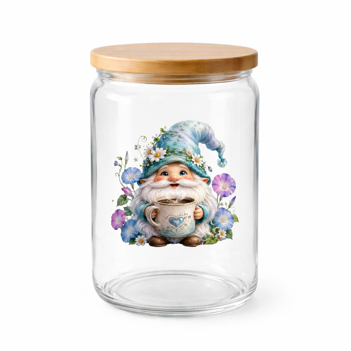 Gnome Holding Coffee Mug UV DTF sticker applied to a clear glass jar with a wooden lid