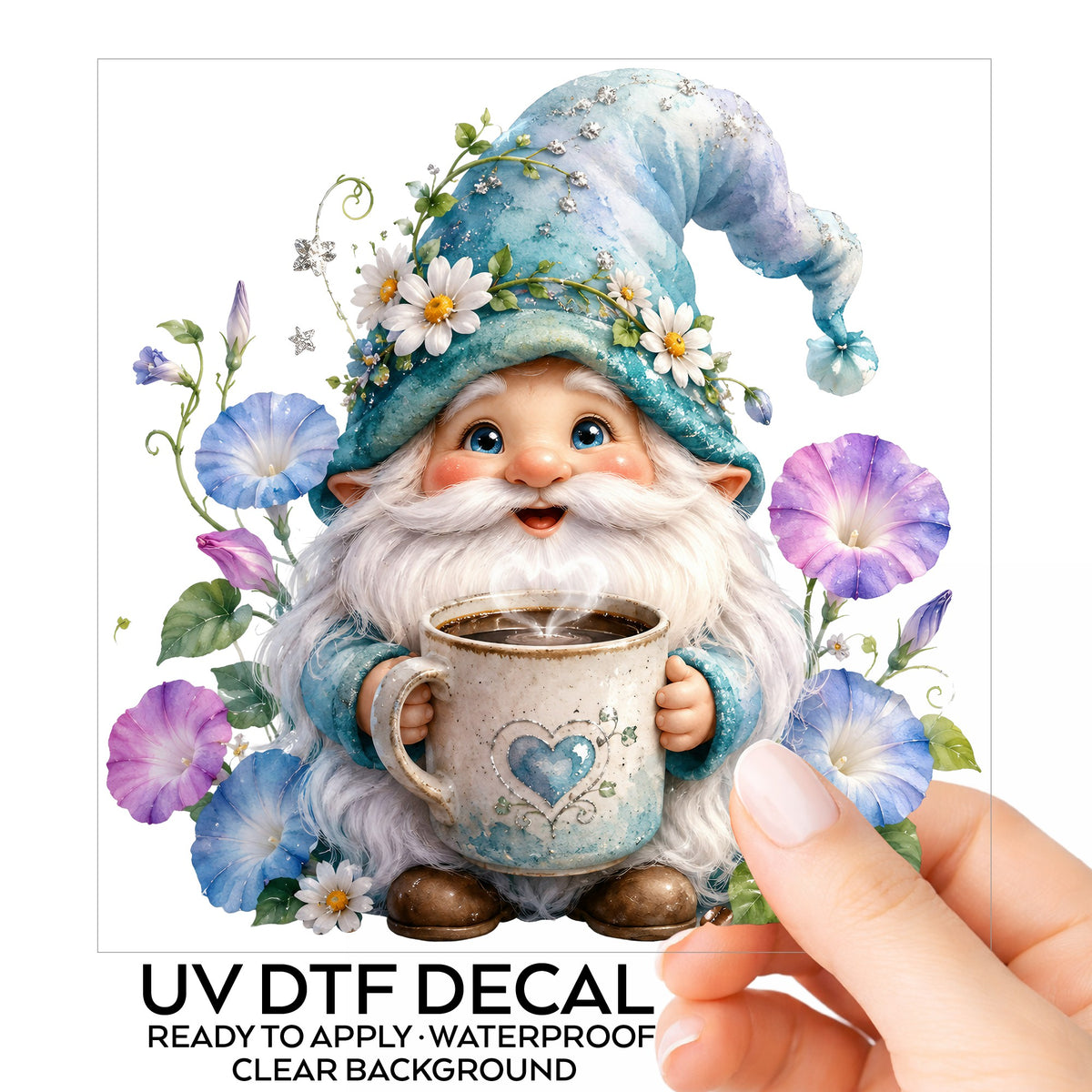 Gnome Holding Coffee Mug UV DTF sticker on its backing card, held in hand