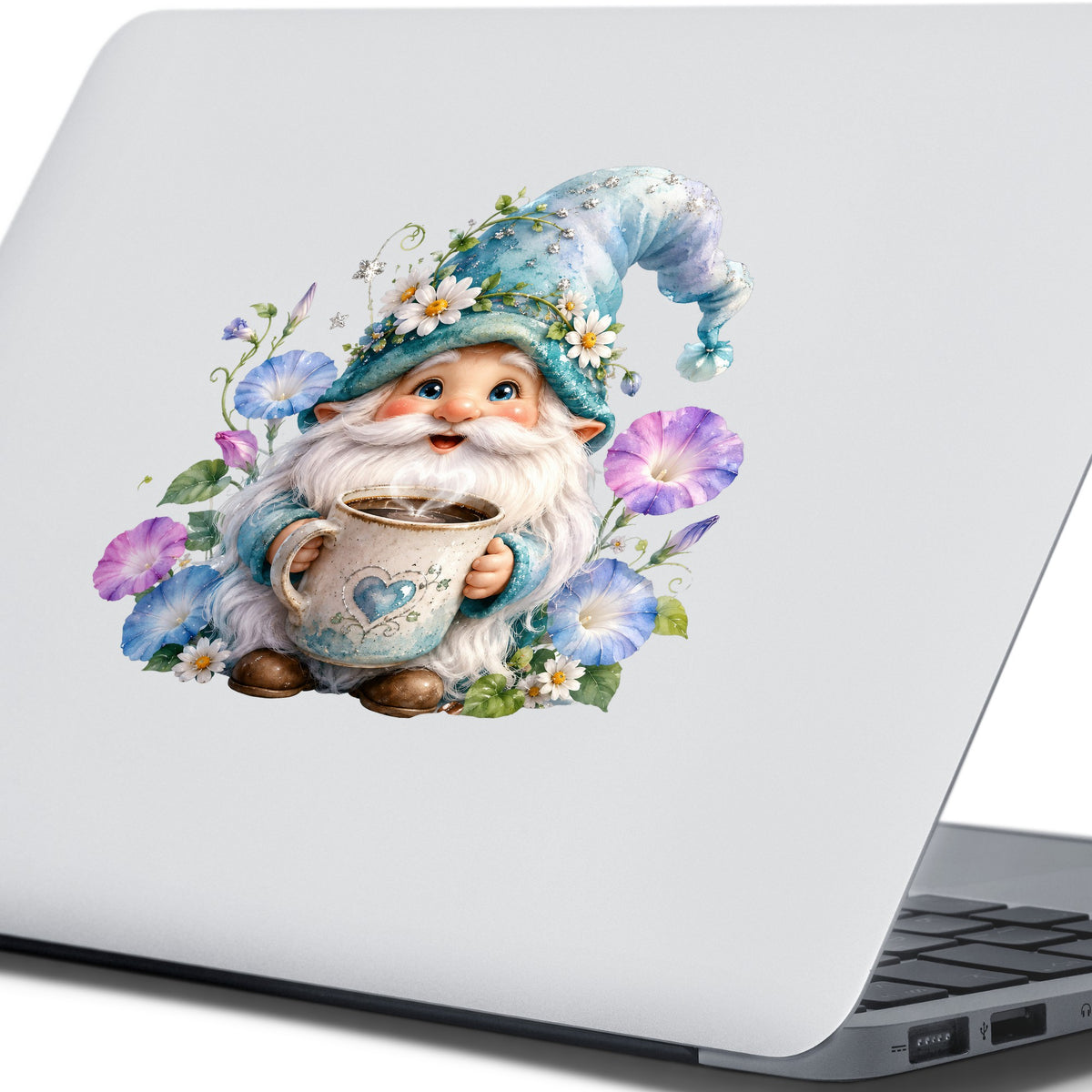 Gnome Holding Coffee Mug UV DTF sticker applied to the lid of a silver laptop