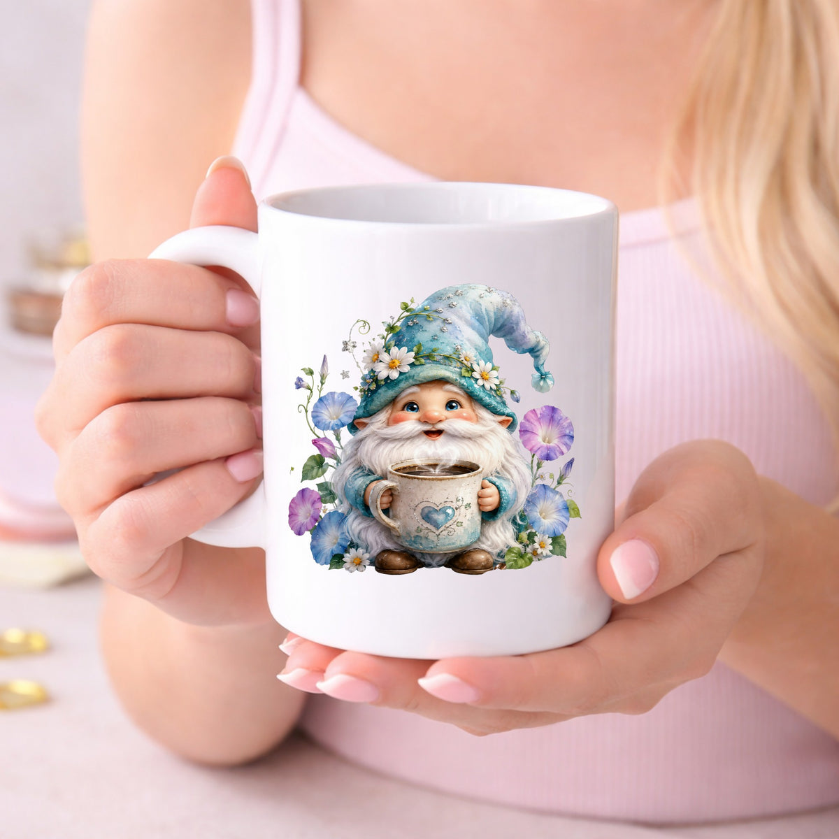 Gnome Holding Coffee Mug UV DTF sticker applied to a white coffee mug held in both hands