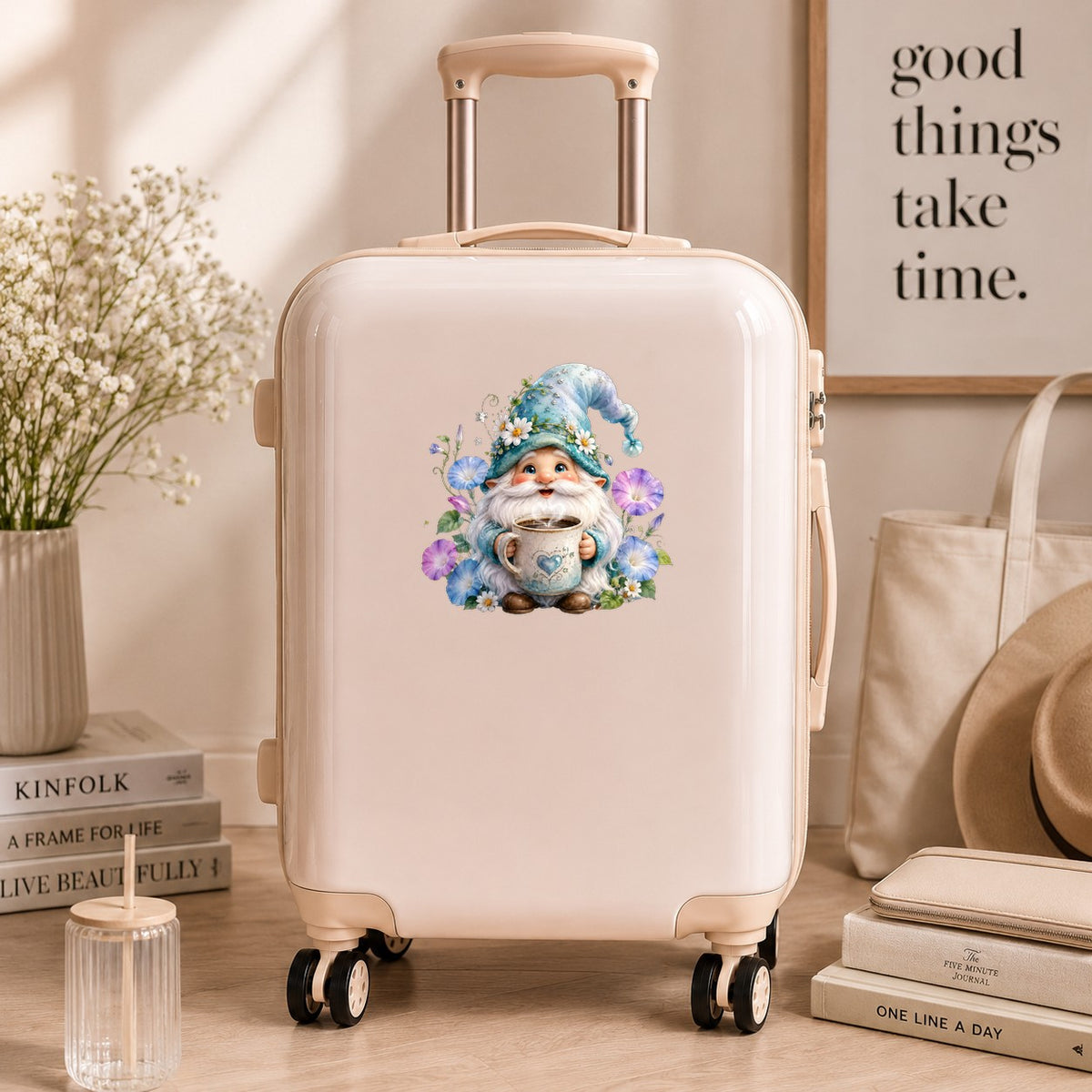 Gnome Holding Coffee Mug UV DTF sticker applied to a cream carry-on suitcase