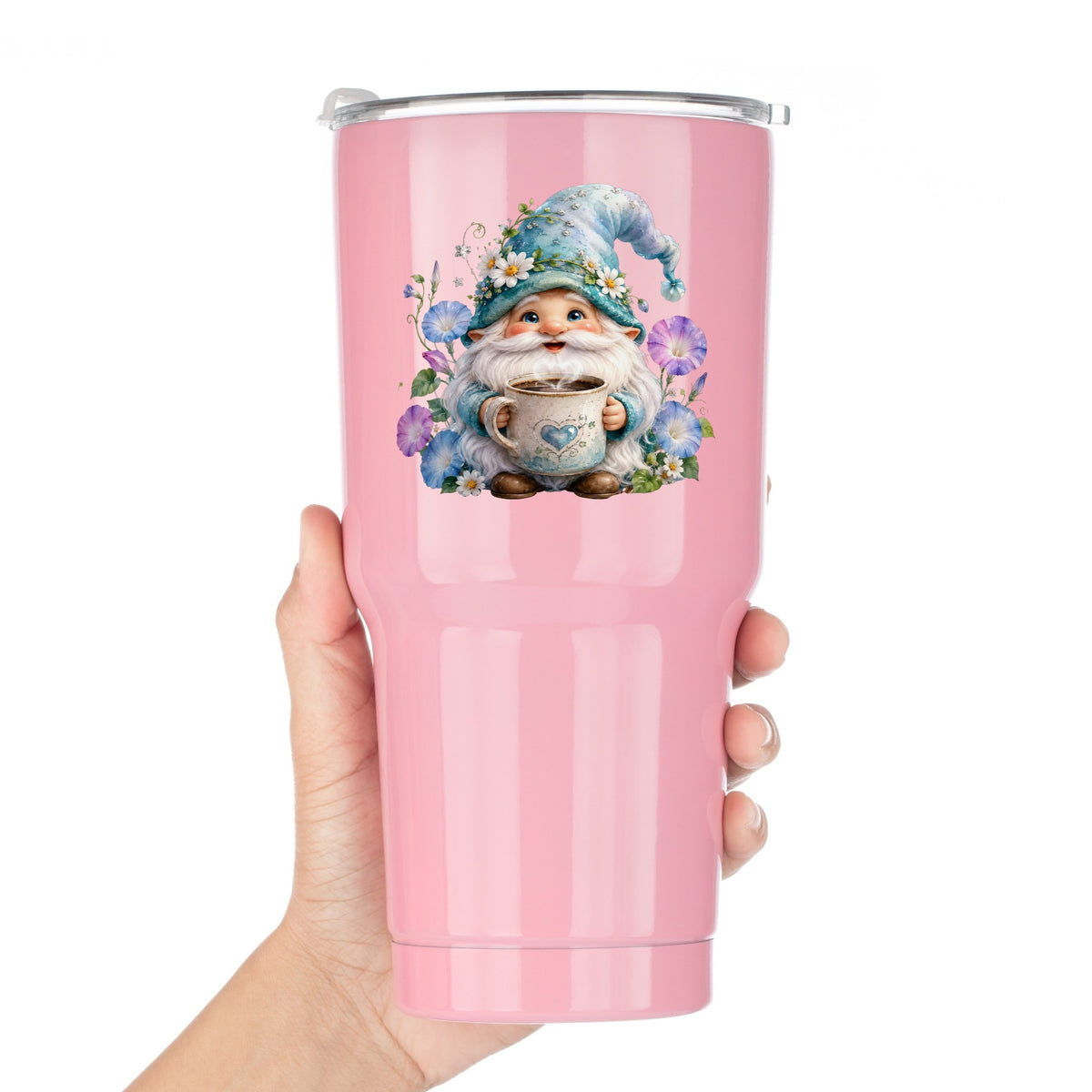 Gnome Holding Coffee Mug UV DTF sticker applied to a pink tumbler held against a white background