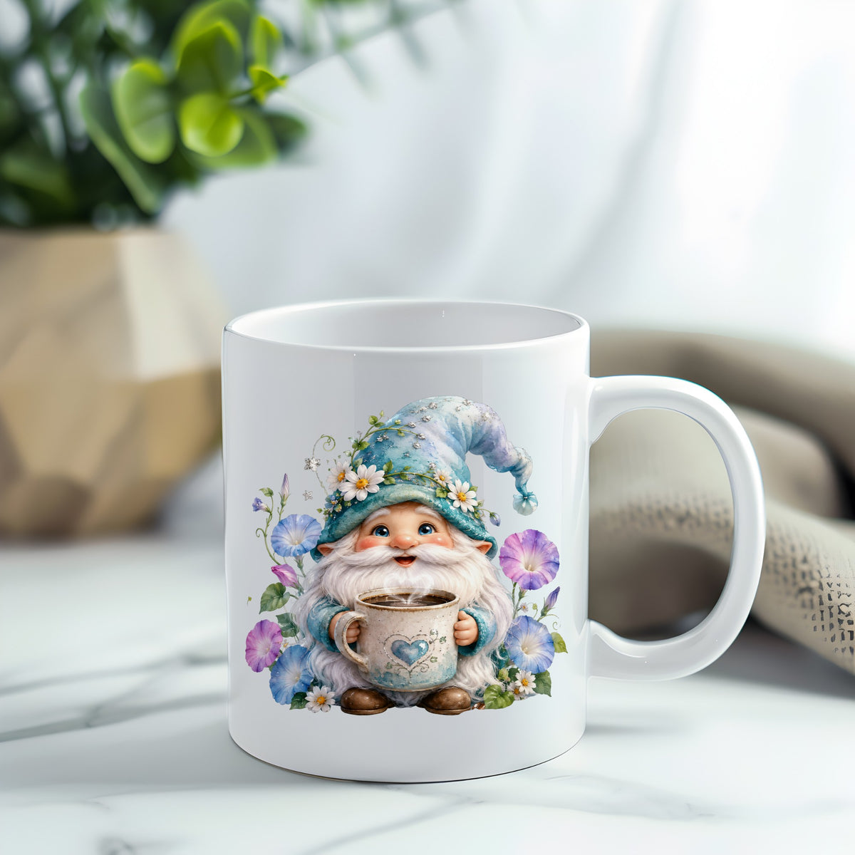 Gnome Holding Coffee Mug UV DTF sticker applied to a white coffee mug