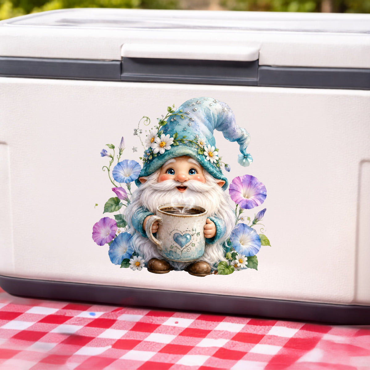 Gnome Holding Coffee Mug UV DTF sticker applied to a white cooler on a red gingham cloth